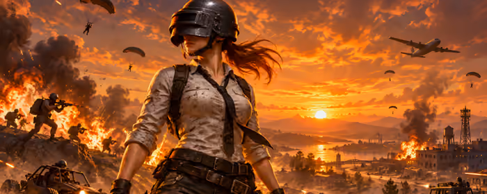 UltraWide 21:9 обои женщина (2560x1080): PUBG: Battlegrounds, воительница, шлем, красочный закат