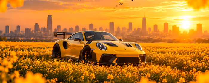 UltraWide 21:9 Skyline wallpapers (3440x1440): Porsche 911 GT3 RS, colorful sunset, flowers, skyscrapers