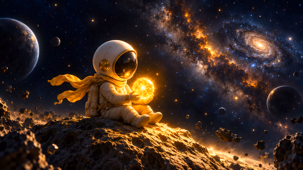 Small Astronaut with Planet Lamp — desktop and phone wallpaper, free download