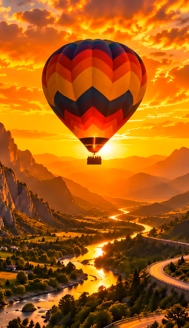 Sunshine Wallpapers for iPhone 18 Pro Max/17 Pro Max/16 Pro Max (1320x2868): aerostat, mountains, valley, colorful sunset