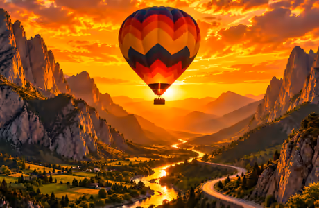 Sunshine Wallpapers for iPad Pro 13″ (2752x2752): aerostat, mountains, valley, colorful sunset