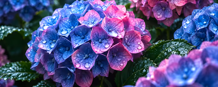 Обои листья для двух мониторов (7680x2160): гортензия, капли, сад, крупный план
