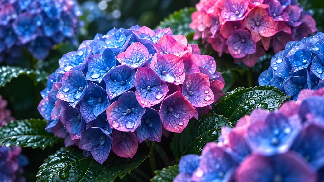Blue Hydrangea Blossoms in Dew - Full HD wallpapers in 1920x1080 resolution