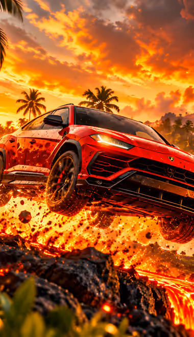 Обои машины для Xiaomi 15T (1280x2772): Lamborghini Urus, прыжок, лава, вулкан