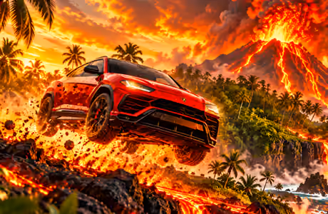 Jungles Wallpapers for Apple iMac 24″ (4480x2520): Lamborghini Urus, jump, lava, volcano