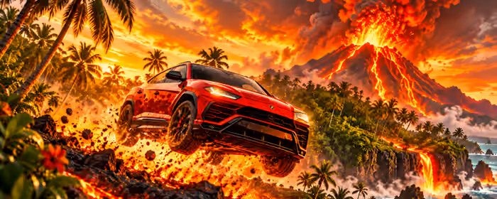 UltraWide 32:9 обои машины (5120x1440): Lamborghini Urus, прыжок, лава, вулкан