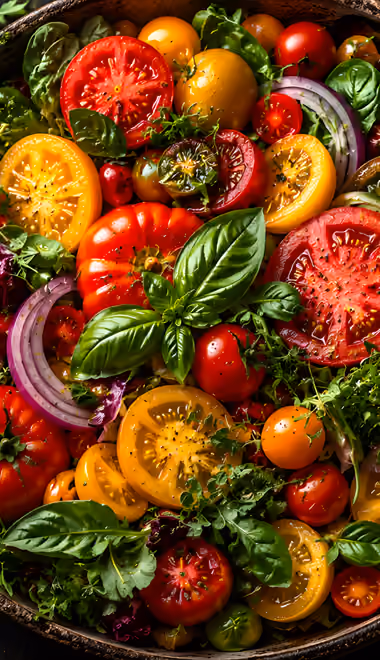 Herbs Wallpapers for Xiaomi 17/17 Pro (1220x2608): vegetable salad, cherry tomato, plate, basil