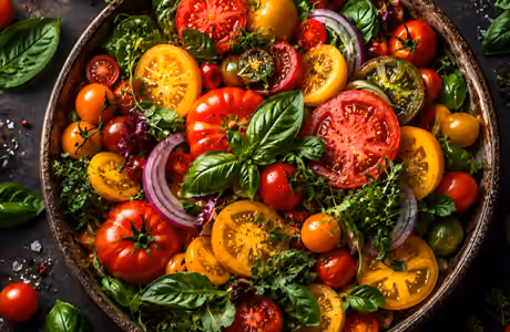 Basil Wallpapers for Apple iMac 21.5″ (4096x2304): vegetable salad, cherry tomato, plate, basil