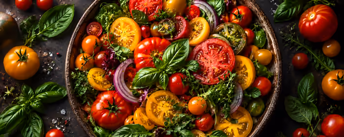 Dual Monitor Wallpapers Basil (7680x2160): vegetable salad, cherry tomato, plate, basil