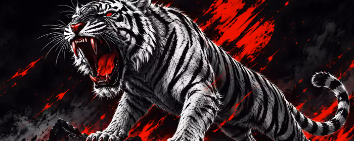 Dual Monitor Wallpapers Aggression (7680x2160): white tiger, red eyes, fangs, paws