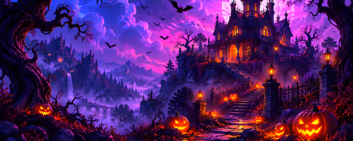 Dual Monitor Wallpapers Castle (7680x2160): Halloween, jack-o-lantern, Moon, castle