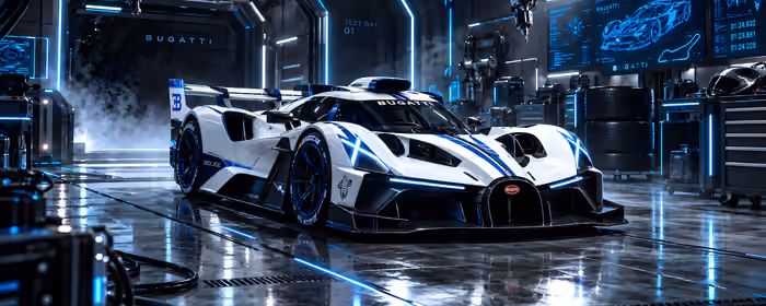 Обои экран для двух мониторов (7680x2160): Bugatti Bolide, карбон, обвес, мастерская