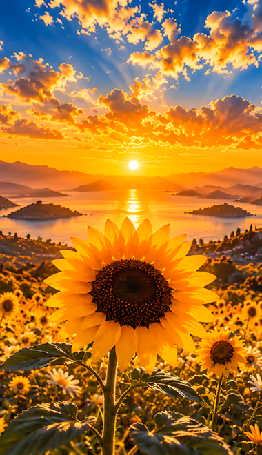 Обои облака для Samsung, Honor, Sony (1080x1920): подсолнух, закат, горы, река