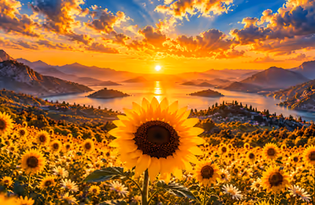 Full HD wallpapers (1920x1080): sunflower, sunset, mountains, river