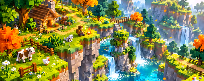Dual Monitor Wallpapers (7680x2160): Minecraft, waterfall, lake, landscape