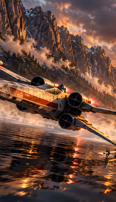 Обои X-wing для iPhone X/XS/11 Pro (1125x2436): X-wing, Звёздные войны, космический корабль, красочный закат