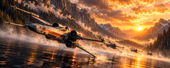 UltraWide 32:9 X-wing wallpapers (3840x1080): X-wing, Star Wars, spaceship, colorful sunset