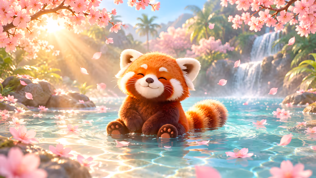 Red Panda by a Tropical Waterfall — desktop and phone wallpaper, free download