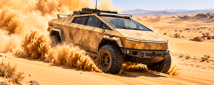 Обои пустыня для двух мониторов (7680x2160): Tesla Cybertruck, пустыня, песок, пыль