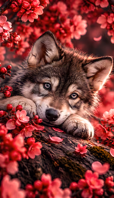 Animals wallpapers: wolf, puppy, sakura, branch