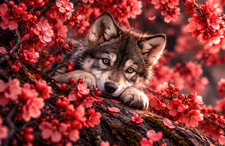 8K Bokeh wallpapers (7680x4320): wolf, puppy, sakura, branch