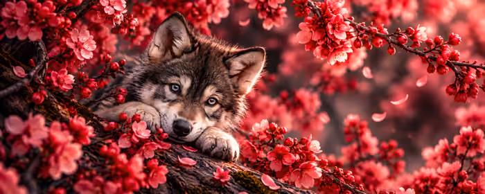 Обои животные для двух мониторов (7680x2160): волк, щенок, сакура, ветка