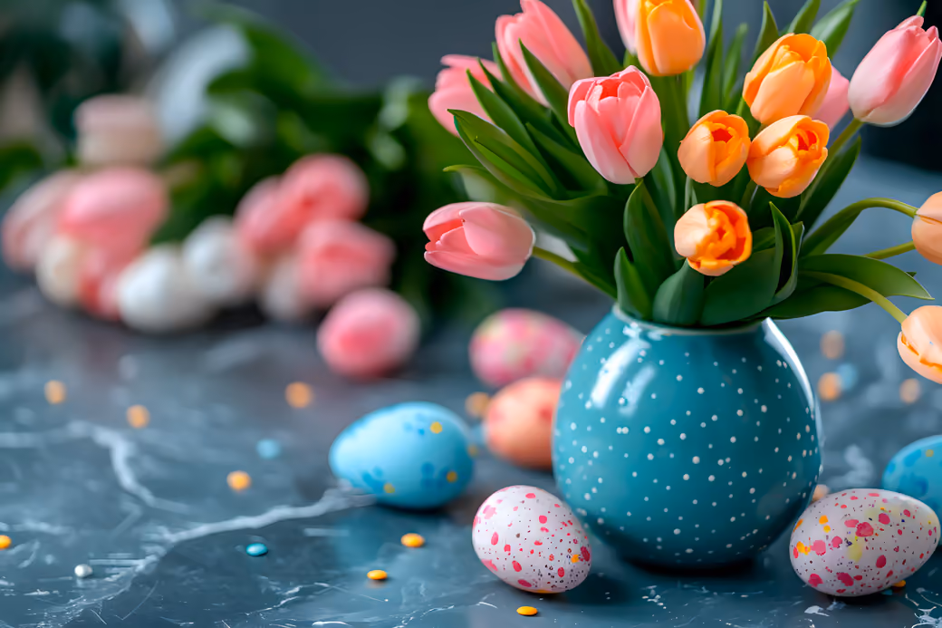 Easter eggs with tulips in vase — desktop and phone wallpaper, free download