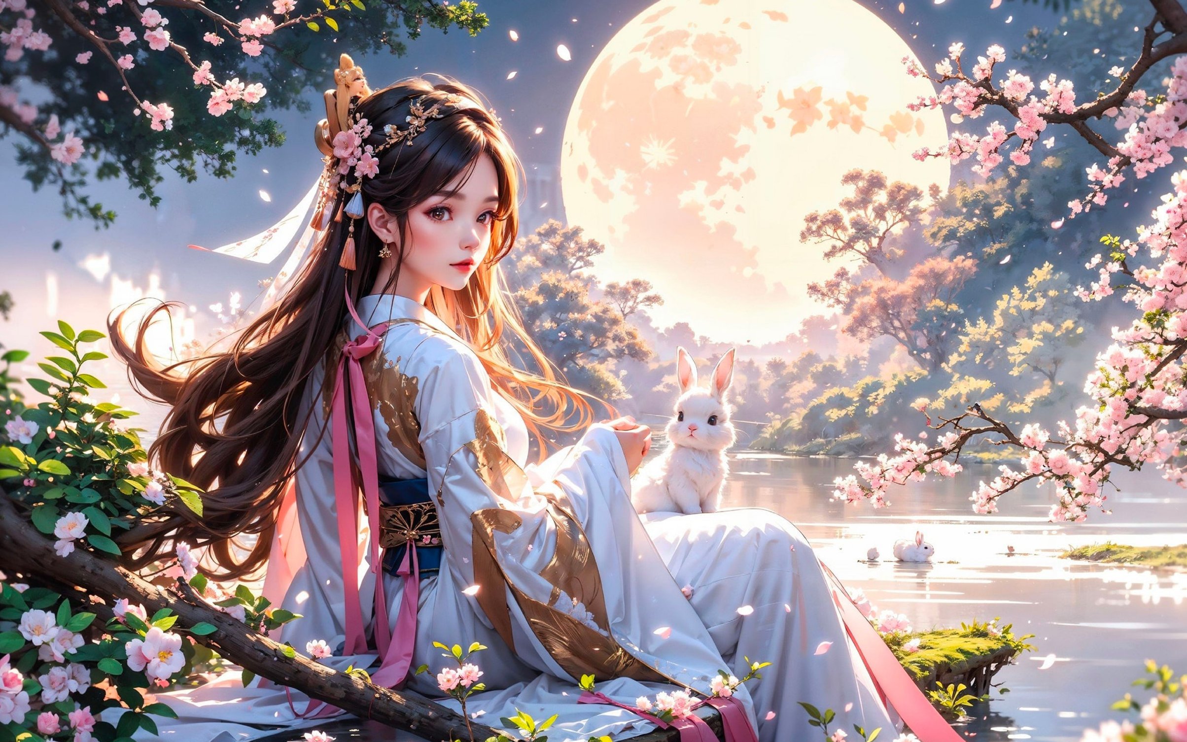 Anime girl with rabbit under full moon - Wallpapers for MacBook Neo in 2408x1506 resolution
