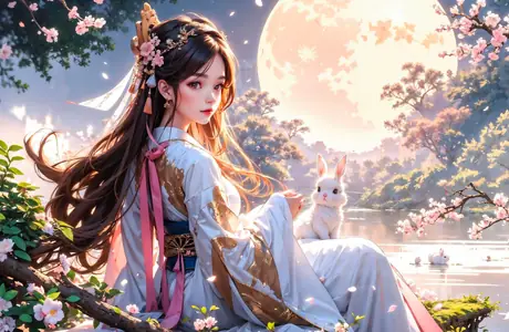 Anime wallpapers: anime Girl, rabbit, sakura, kimono