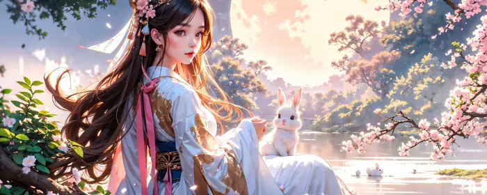 Anime wallpapers: anime Girl, rabbit, sakura, kimono