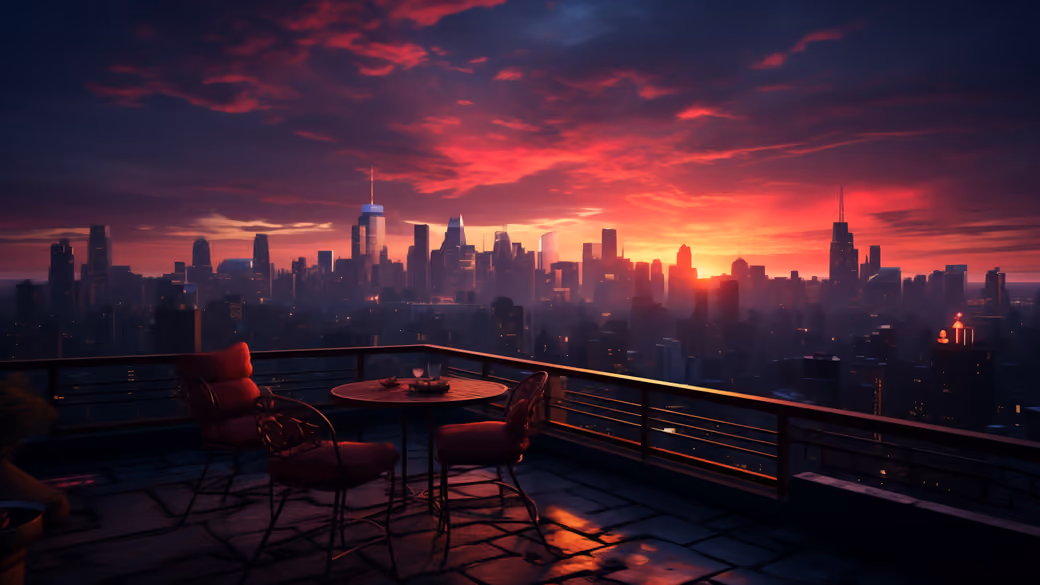 Red sunset on a rooftop overlooking the city — desktop and phone wallpaper, free download