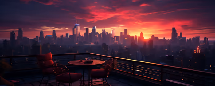 Обои города на закате для UltraWide мониторов 21:9 (2560x1080): закат, крыша, силуэт города, городской ландшафт