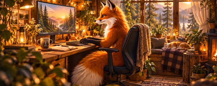 UltraWide 32:9 Window wallpapers (5120x1440): fox, pc, workspace, room