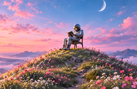 UXGA обои иллюстрации (1600x1200): космонавт, книга, горы, красочный закат
