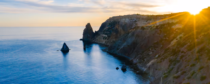 UltraWide 32:9 обои природа (3840x1080): закат, море, скала, облака