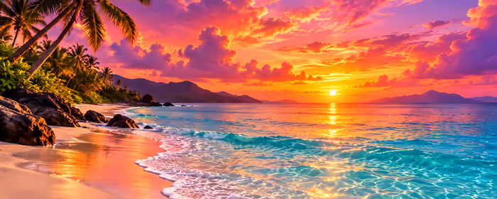 UltraWide 32:9 обои природа (3840x1080): красочный закат, пляж, океан, пальмы
