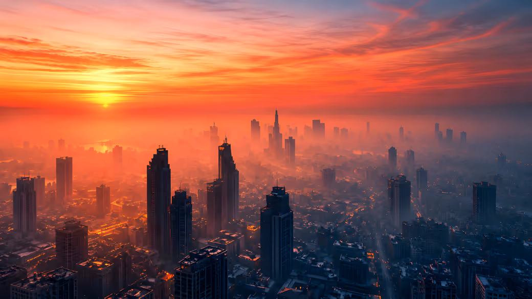 Skyscrapers in the Red Evening Sunset — desktop and phone wallpaper, free download