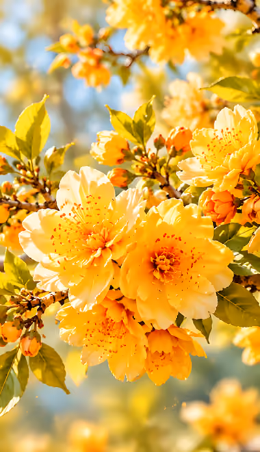 Wallpapers for iPhone 18 Pro/18/17 Pro/17/16 Pro (1206x2622): flowers, branch, leaves, sunshine