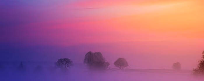 UltraWide 32:9 обои природа (3840x1080): закат, туман, деревья, пейзаж