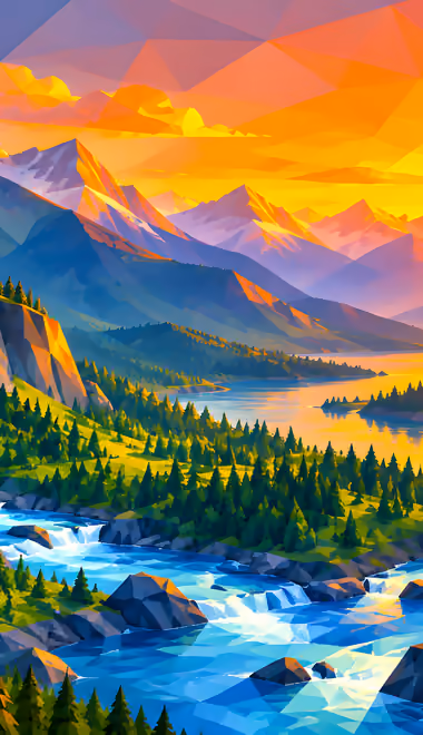 Wallpapers for iPhone 4/4S (640x960): mountains, river, waterfall, colorful sunset