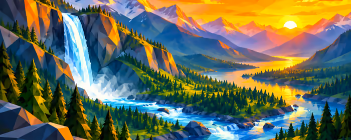 UltraWide 32:9 обои (3840x1080): горы, река, водопад, красочный закат