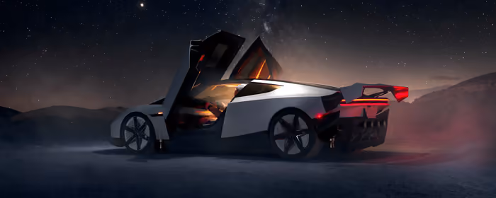 5K2K UltraWide 21:9 обои (5120x2160): Tesla Roadster, раздвижные двери, звёздное небо, пустыня