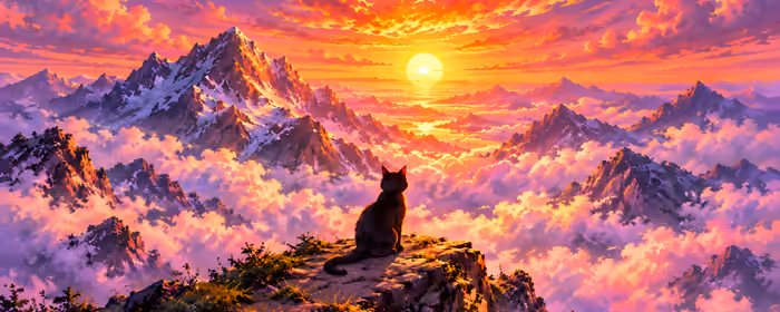 Dual Monitor Wallpapers (7680x2160): cat, sunset, mountains, clouds