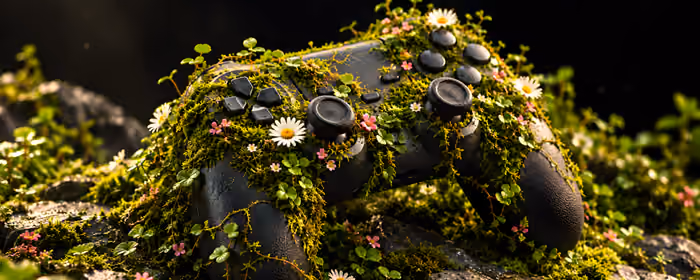 UltraWide 32:9 обои (3840x1080): PlayStation 5, маргаритки, геймпад, мох