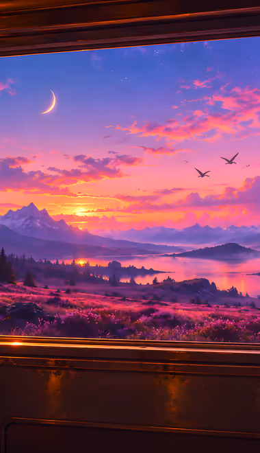 Wallpapers for iPhone 18 Pro Max/17 Pro Max/16 Pro Max (1320x2868): train, window, sunset, mountains