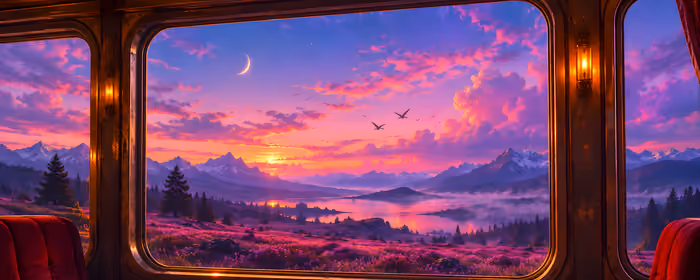UltraWide 32:9 wallpapers (3840x1080): train, window, sunset, mountains