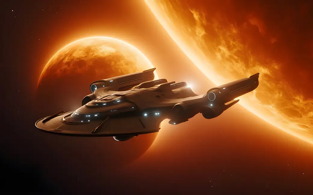 Spaceship approaching fiery planet — desktop and phone wallpaper, free download