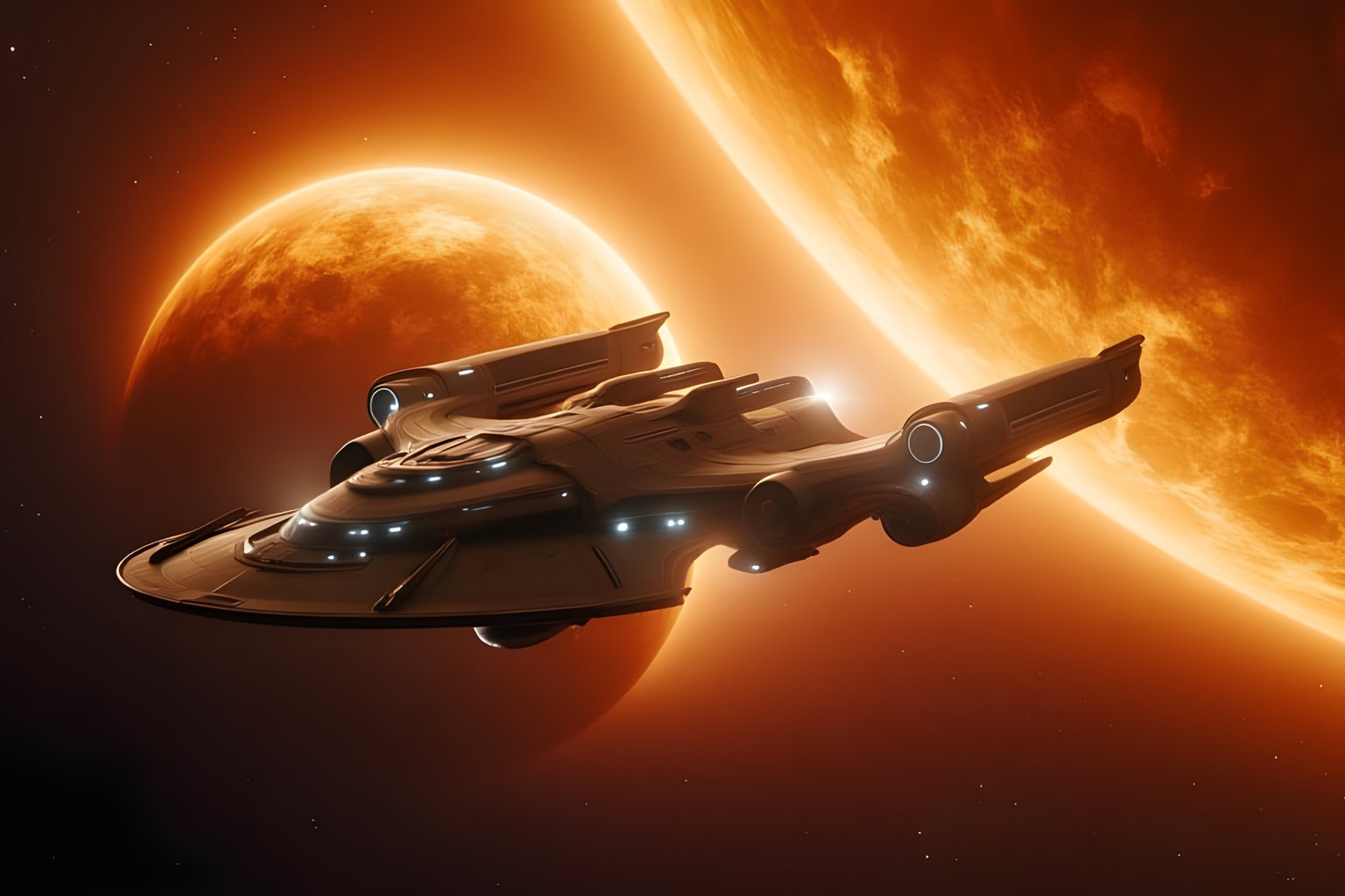 Spaceship approaching fiery planet - Microsoft Surface 12.4″ wallpapers in 1536x1024 resolution