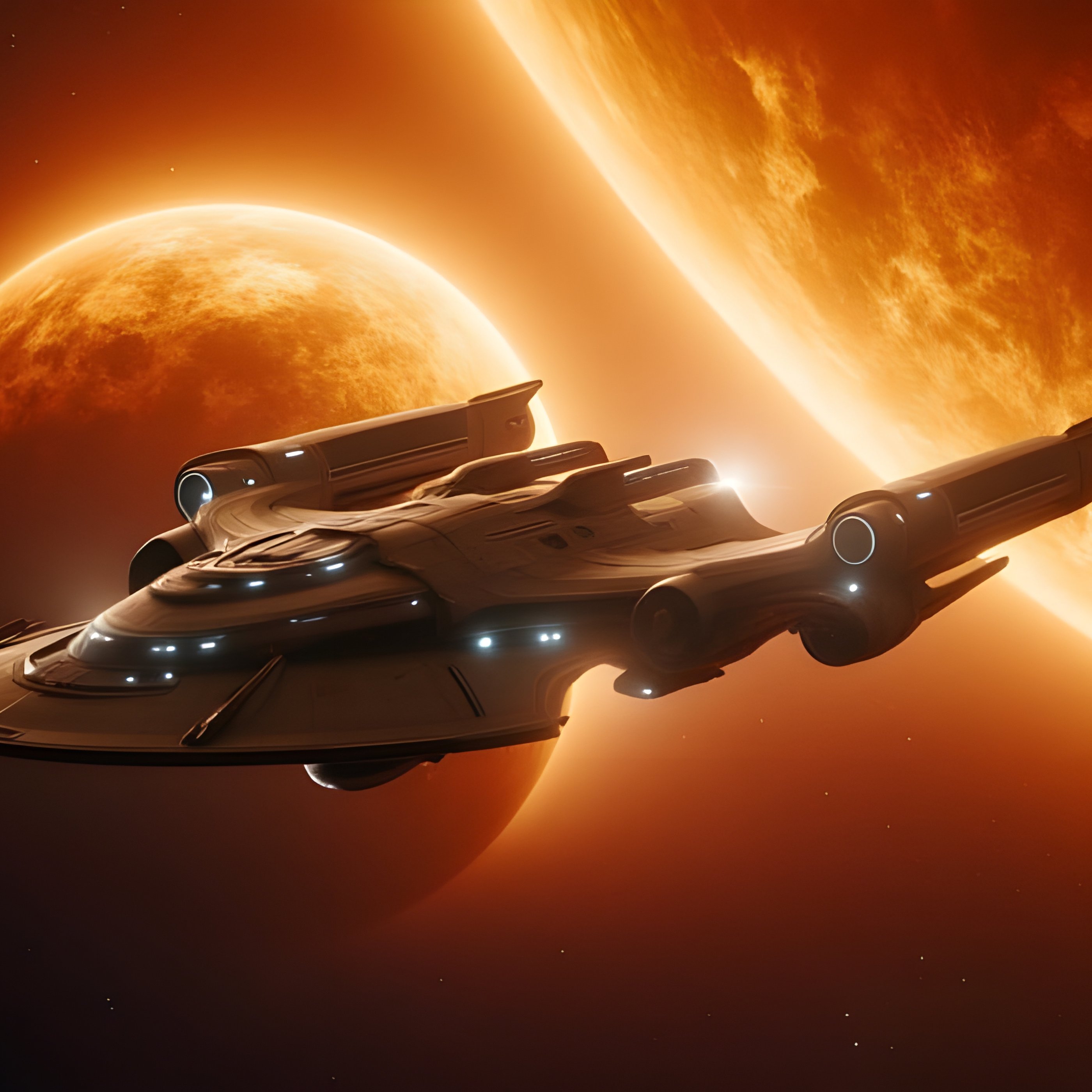 Spaceship approaching fiery planet - Wallpapers for Samsung Galaxy Tab S9+ in 2800x2800 resolution