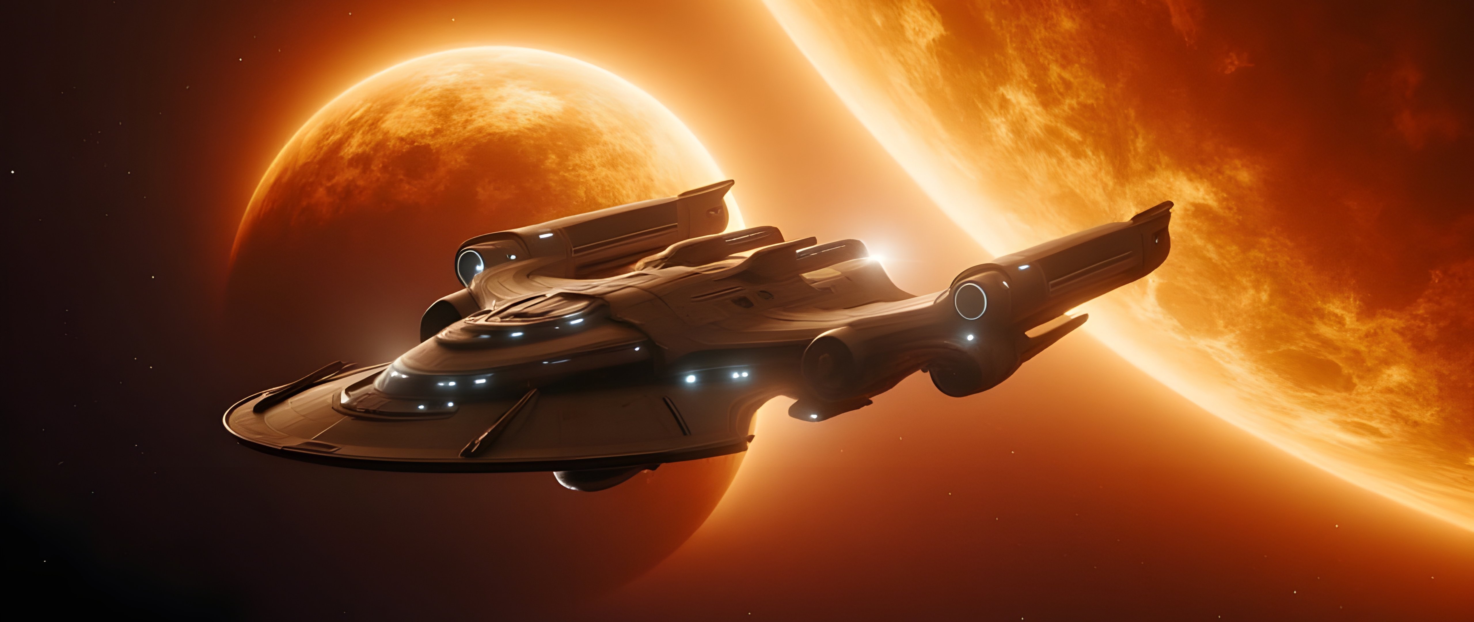 Spaceship approaching fiery planet - 5K2K UltraWide 21:9 wallpapers in 5120x2160 resolution
